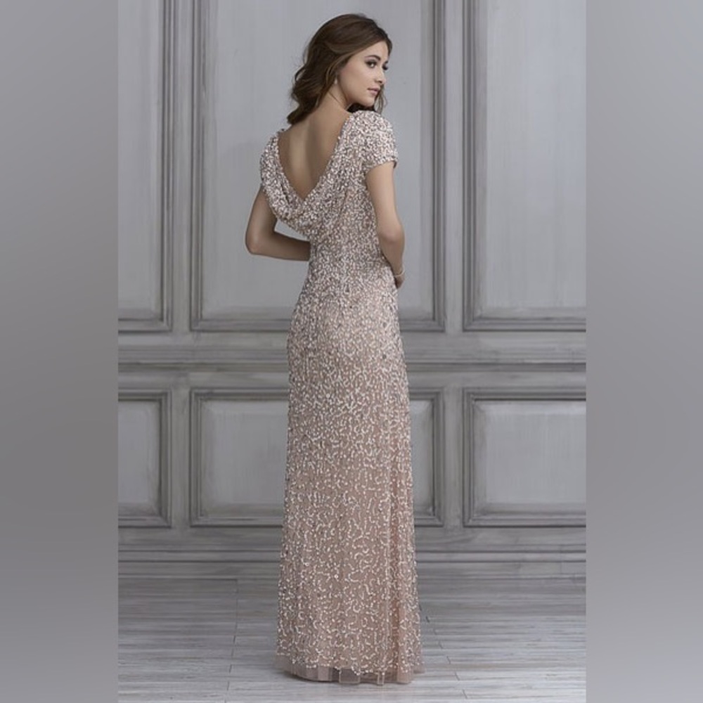 NEW Adrianna Pappell Champagne Beaded Cowl Back Floor Length Dress size 6 w tags